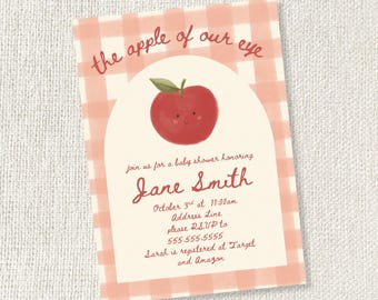 Invitación para baby shower "La Niña de Nuestros Ojos": Tema de manzana en acuarela (Plantilla de Canva)