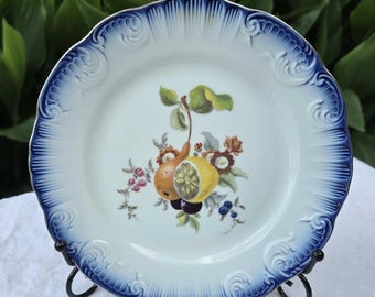 Mottahedeh fruit plate with blue trim, 8 inches diameter. Rare vintage plate, gorgeous for plate wall