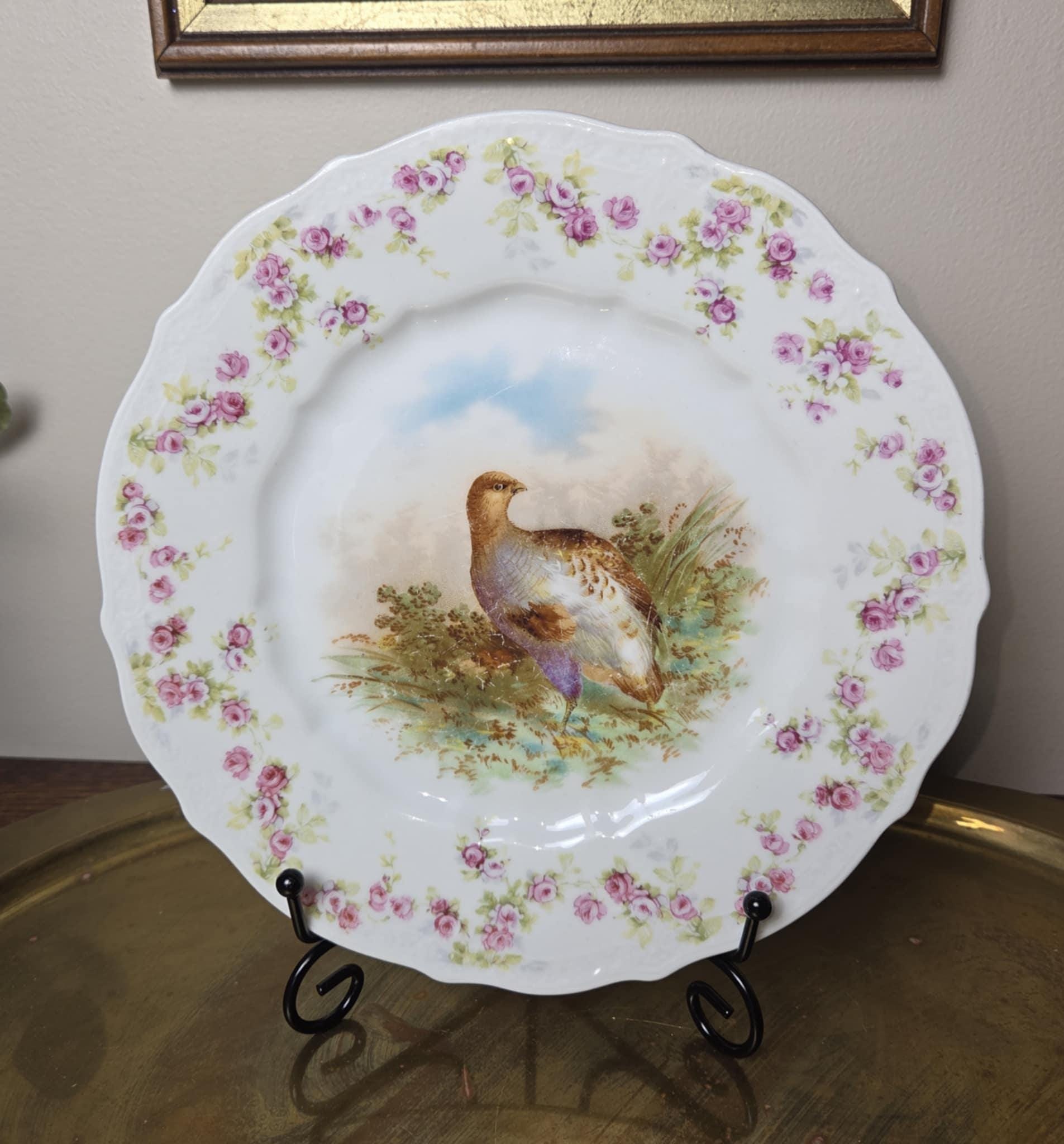 Antique C.T. Germany Game Bird Plate, 8.25". Pheasant / Quail with purple floral trim, scalloped trim.