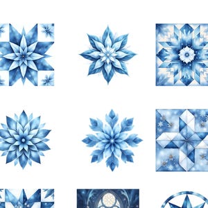 May include: A collection of watercolor illustrations featuring various blue and white snowflake and star designs. The designs include geometric patterns, floral arrangements, and a church window scene, all in shades of blue.