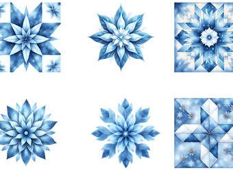 Winter Quilt Clipart: Blue Snowflake Patterns for Christmas Crafts