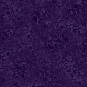 The image is a dark purple fabric with a repeating pattern of swirls and leaves.