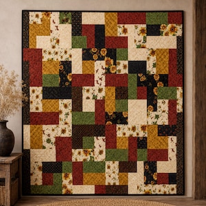 May include: A rectangular quilt featuring a geometric block pattern composed of fabric squares and rectangles in shades of deep red, mustard yellow, forest green, black, and cream. The design includes floral sunflower prints and solid textures.