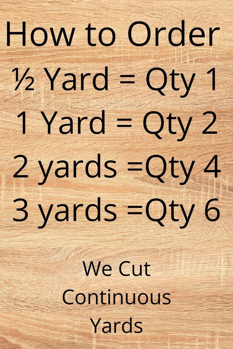 The image is a text-based illustration that provides instructions on how to order yards of fabric. It includes the steps for ordering 1/2 yard, 1 yard, 2 yards, 3 yards, and 6 yards, along with the phrase "We Cut Continuous Yards".