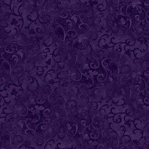 The image is a dark purple fabric with a repeating pattern of swirls and leaves.