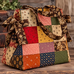 May include: A quilted patchwork tote bag featuring a variety of floral and geometric fabric squares in shades of red, yellow, blue, green, and pink. The bag includes two brown floral fabric handles and a decorative bow on the side panel.