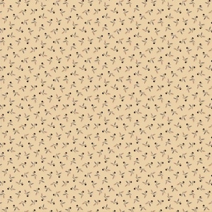 May include: A light tan fabric featuring a repeating pattern of small, dark brown olive branches. Each motif consists of a single round olive paired with two slender, pointed leaves arranged in a consistent, evenly spaced diagonal orientation.