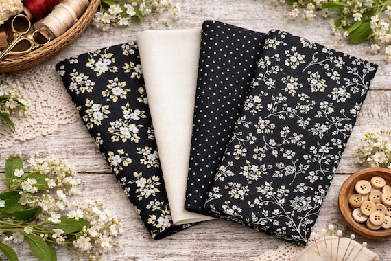 Fat Quarter Bundle, Cottagecore Fabric, Black Floral Quilting Cotton, 4pc Fabric Bundle for Quilting & Sewing