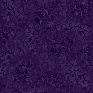 The image is a dark purple fabric with a repeating pattern of swirls and curves, creating a visually striking and intricate design.