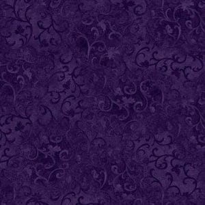 The image is a dark purple fabric with a repeating pattern of swirls and curves, creating a visually striking and intricate design.