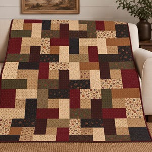 May include: A rectangular quilt featuring a geometric pattern of interlocking fabric rectangles in shades of burgundy, navy blue, olive green, tan, and cream, with some sections displaying small floral prints and a dark burgundy border.