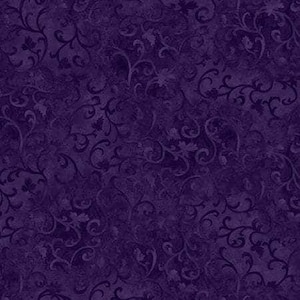 The image is a dark purple fabric with a repeating pattern of swirls and leaves.