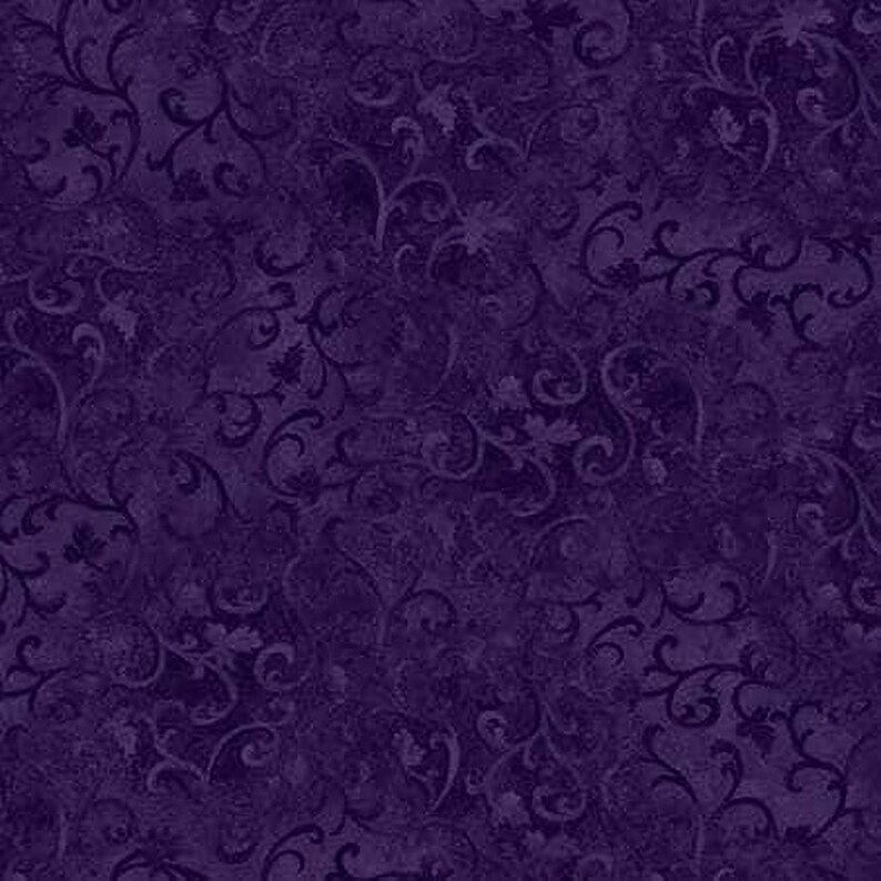 The image is a dark purple fabric with a repeating pattern of swirls and leaves.