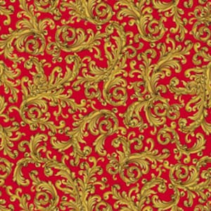 May include: A seamless pattern featuring a vibrant red background adorned with ornate, gold-colored baroque scrollwork. The design is a repeating motif of swirling leaves and floral elements.