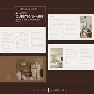 Puede incluir: Una plantilla de cuestionario para clientes de diseño de interiores en formato 16:9, disponible en archivos Canva, PDF y PowerPoint. El documento presenta páginas blancas con campos de texto estructurados, casillas de verificación y fotografías de interiores.