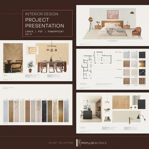 Modello di presentazione per interior design, presentazione Canva modificabile con mood board e pagine di onboarding per il cliente.