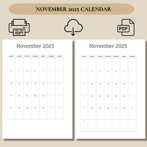 2025 November Calendar with Holidays | November Calendar Printable | Sunday & Monday Start | Letter / A4 PDF / PNG | November Planner
