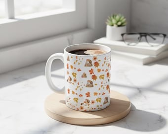 Leuke mok herfstegel | Herfstbladeren en pompoenpatroon | Gezellig dierenvriendcadeau | BPA-vrije keramische koffiekop | Gratis verzending in de VS |