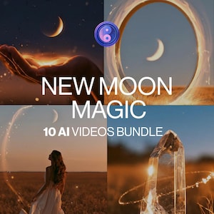 May include: A digital collage featuring four scenes with crescent moons, a glowing ring, a person in a white dress in a field, and a clear crystal. The text reads NEW MOON MAGIC 10 AI VIDEOS BUNDLE with a circular purple and pink yin-yang icon.