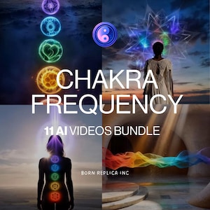 May include: A digital art collage with the text "CHAKRA FREQUENCY" and "11 AI VIDEOS BUNDLE". The image features illustrations of chakras, a yin-yang symbol, and figures with glowing energy fields. The color palette includes blues, purples, oranges, and greens.