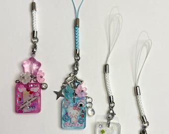 KAWAIICORE - Phone Charm, Beaded, Cute, Accessory, Cell Phone Strap, Gift, Coquette, Friendship, Resin, Stainless, Glass, Blue, Pink, Clear