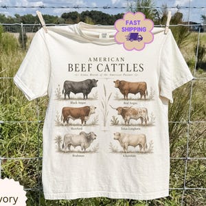 Op de afbeelding: Een ivoorkleurig T-shirt met korte mouwen voorzien van de tekst AMERICAN BEEF CATTLES en illustraties van zes runderrassen: Black Angus, Red Angus, Hereford, Texas Longhorn, Brahman en Charolais, elk gelabeld met de rasnaam.