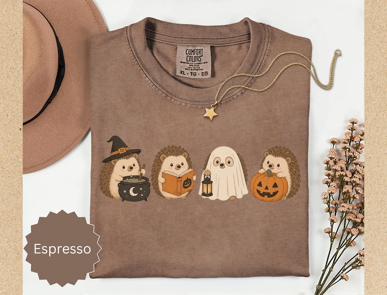 May include: An espresso-colored t-shirt featuring a graphic of four hedgehogs in Halloween costumes: one with a witch hat and cauldron, one reading a book, one dressed as a ghost holding a lantern, and one holding a jack-o'-lantern pumpkin.