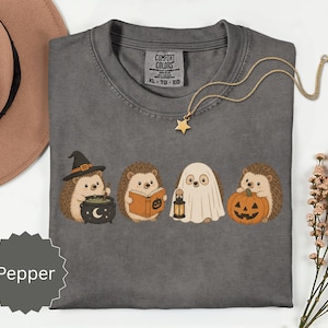 May include: A charcoal gray t-shirt featuring a graphic of four hedgehogs in Halloween costumes. One wears a witch hat with a cauldron, one reads a book, one is dressed as a ghost holding a lantern, and one holds a jack-o'-lantern pumpkin.