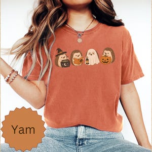 May include: A rust-colored short-sleeve t-shirt featuring a graphic print of four hedgehogs in Halloween costumes, including a witch with a cauldron, a reader with a book, a ghost with a lantern, and one holding a pumpkin. The word Yam is printed below.