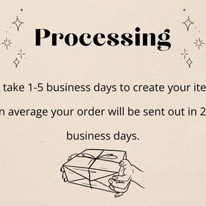 May include: A beige graphic with the black text Processing, followed by the text: We take 1-5 business days to create your item: On average your order will be sent out in 2-3 business days. Below the text is a line drawing of a wrapped gift.