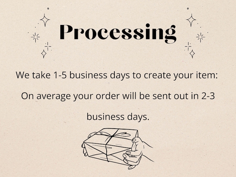 May include: A beige graphic with the black text Processing, followed by the text: We take 1-5 business days to create your item: On average your order will be sent out in 2-3 business days. Below the text is a line drawing of a wrapped gift.