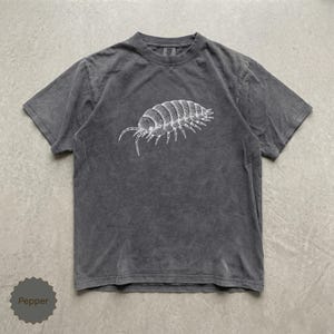 Op de afbeelding: Een antracietgrijs t-shirt met korte mouwen en een witte lijntekening van een pissebed in het midden op de borst. De stof heeft een gewassen, vervaagde uitstraling en een kleine ronde badge in de linkerbenedenhoek toont het woord Pepper.