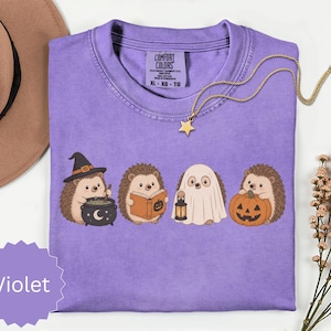 May include: A violet short-sleeved t-shirt featuring a graphic of four hedgehogs in Halloween costumes. One wears a witch hat with a cauldron, one reads a book, one is dressed as a ghost holding a lantern, and one holds a jack-o'-lantern pumpkin.