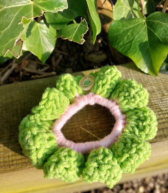 Two tone green ruffle scrunchie Handmade crochet Handmade Crochet Hair Scrunchies, Ruffled Boho Hair Tie With  main image 3
