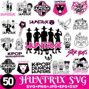 Könnte beinhalten: Eine Sammlung von 50 digitalen Grafiken mit dem Text "HUNTRIX SVG" in Pink. Die Grafiken umfassen verschiedene Logos, Cartoon-Charaktere und Textelemente, passend für K-Pop und verwandte Themen. Formate: SVG, PNG, JPG, EPS und DXF.