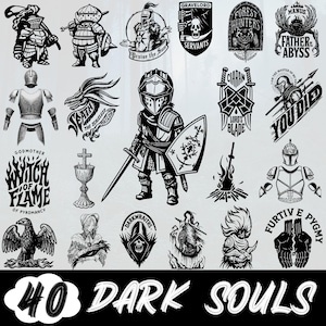 May include: A collection of 40 black and white illustrations featuring characters and symbols from the Dark Souls video game series. The images include knights, shields, swords, and text elements such as "Dark Souls" and various character names.