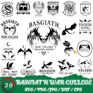 May include: A selection of 30 black and white dragon-themed designs. The designs feature dragons, wings, and text including "Basgiath War College," "Fly or Die," and "Riders Quadrant." Ideal for digital projects, these designs are versatile.