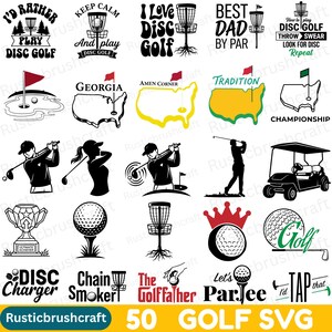 Puede incluir: Una colección de 50 diseños gráficos en negro y color con temas de golf y disc golf. Los elementos incluyen pelotas de golf, palos, cestas, carritos, trofeos y siluetas de jugadores, junto con frases de texto como Disc Charger y Golfather.