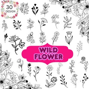 Wilde bloemen Svg-bundel, bestanden voor snijmachine, digitale clipart, bloemen, wilde bloemen, bloemen en bladeren, botanische handgetekende doodle stijl