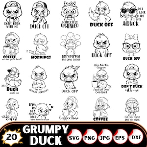 Puede incluir: Una colección de 20 ilustraciones en blanco y negro de patos gruñones con diversas expresiones y frases. Los patos están representados con sombreros, gafas y tazas de café. El texto incluye "Duck Off" y "Coffee".