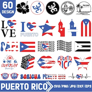 以下が含まれることがあります： 赤、白、青の60種類のプエルトリコをテーマにしたデザインのコレクション。旗、ハート、テキスト、その他のグラフィックが含まれています。「プエルトリコ」、「愛」、「ホーム」などのテキスト。SVG、PNG、JPG、DXF、EPS形式で利用できます。