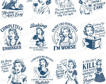 Retro Housewife SVG Bundle Funny Sarcastic, 1950s Atomic, Retro Women svg, Homemaker svg, Adult Funny Svg, Vintage Retro Housew Wine Crazy