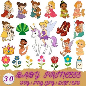 Bundle princesse Svg bébé, lot de cliparts bébé princes, lot de svg en couches, bébé Ariel svg, svg bébé Moana, tout-petit princesse, svg baby shower