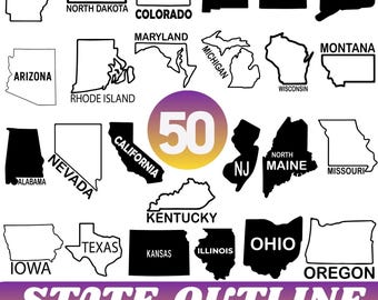 Simple State Outlines with Names Svg, 50 Individual Shapes, United States of America Map svg, Perfect for cutting, engraving or printing svg