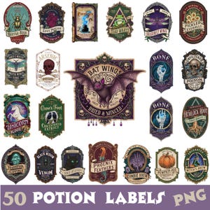 Könnte beinhalten: Eine Sammlung von 50 Zaubertranketiketten im Vintage-Design. Jedes Etikett zeigt einzigartige Illustrationen und Texte wie "Fledermausflügel", "Krötenwarzen" und "Zombie Brew". Die Etiketten sind in verschiedenen Formen und Farben gehalten, ideal für Bastelarbeiten oder Halloween.