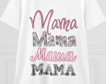Mama Women's Midweight Cotton Tee, Mom shirt 80's retro theme pink black accent top, casual daily mom style, comfy everyday tshirt patterned