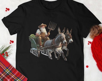 T-shirt en coton moyen pour femmes Farmer Santa, style de Noël à l'ancienne, t-shirt de vacances avec pull moche, adorable chemise mule, âne mignon