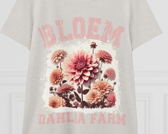 Bloem Dahlia Farm Women's Midweight Cotton Tee, Pink writing, Gift for Mom, Flower Garden theme, blossoms, pretty floral shirt top, farmer