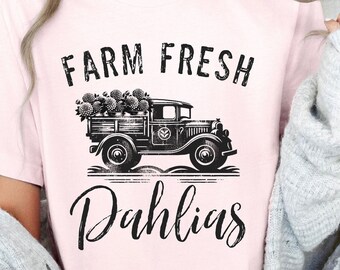 Farm Fresh Dahlias Unisex Jersey Short Sleeve Tee, Casual t shirt, spring summer garden vibes, Old Truck flower blossom delivery logo