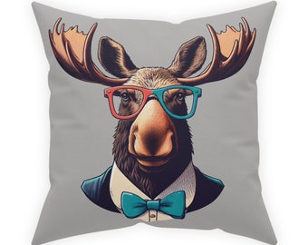 Free US shipping, Moose Broadcloth Pillow, wearing suit and tie and glasses, funny bedroom accent, gray background hunter, smart colorful